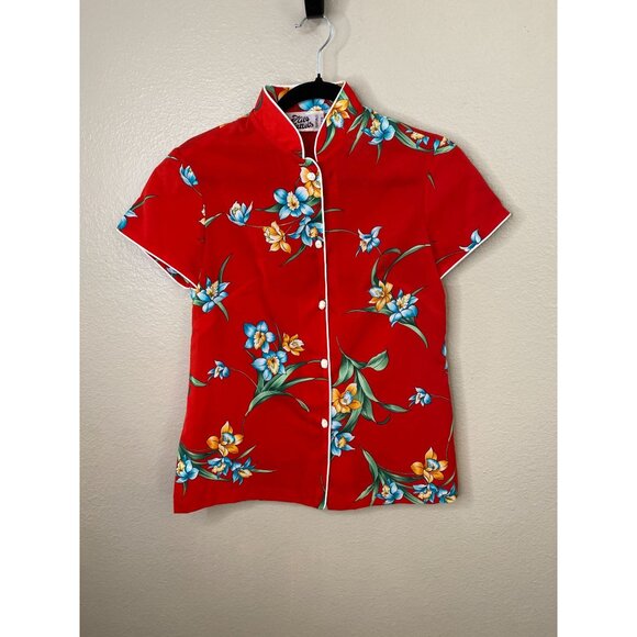 Hilo Hattie Women’s Red Floral Print Button-Up Hawaiian Blouse Mandarin Collar - Picture 2 of 5